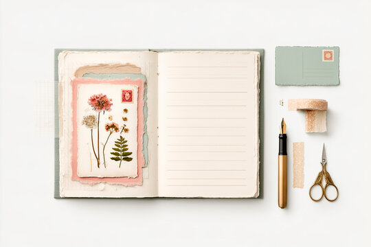 Analog Journaling Workspace with Vintage Scrapbook and Handmade Paper Collage