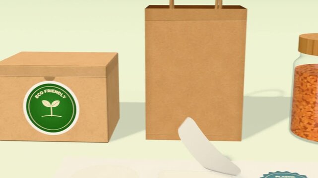 Sustainable packaging animation, compostable and plastic free stickers apply to a kraft box, bag and jar