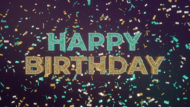 Happy birthday text animation, teal and gold sequin letters burst out of a confetti explosion on dark purple