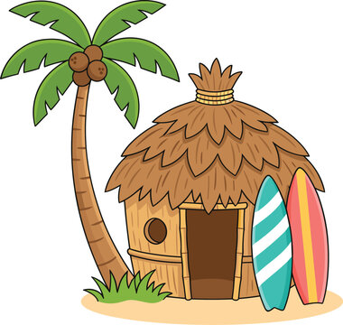 Tropical beach round bamboo hut cartoon vector illustration element featuring iconic coconut palm tree and vibrant colorful surfboards set,