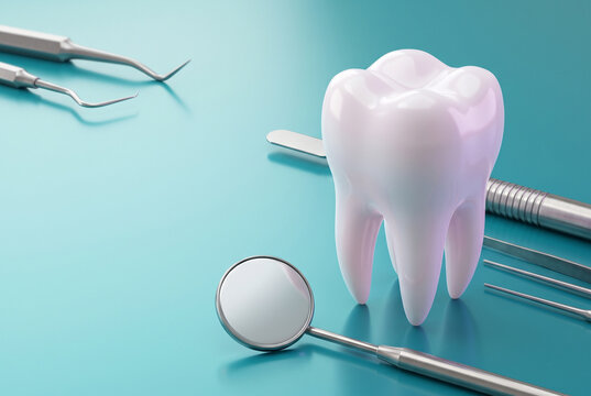 3D render of white molar tooth model with dental mirror, probe and explorer instruments on turquoise background with copy space, dentistry and oral care concept