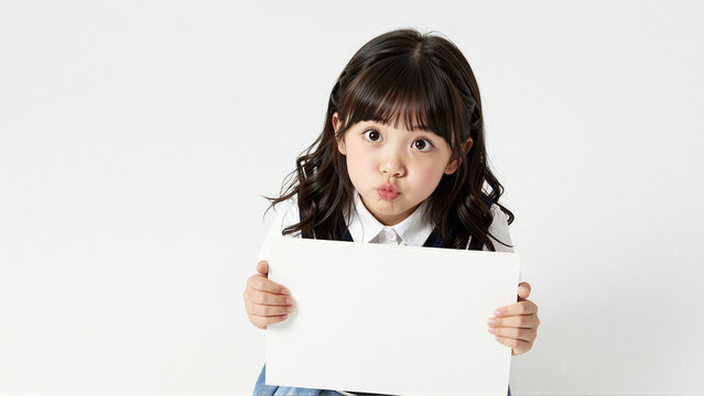 Cute little Asian girl pouting playfully while holding a blank white sign