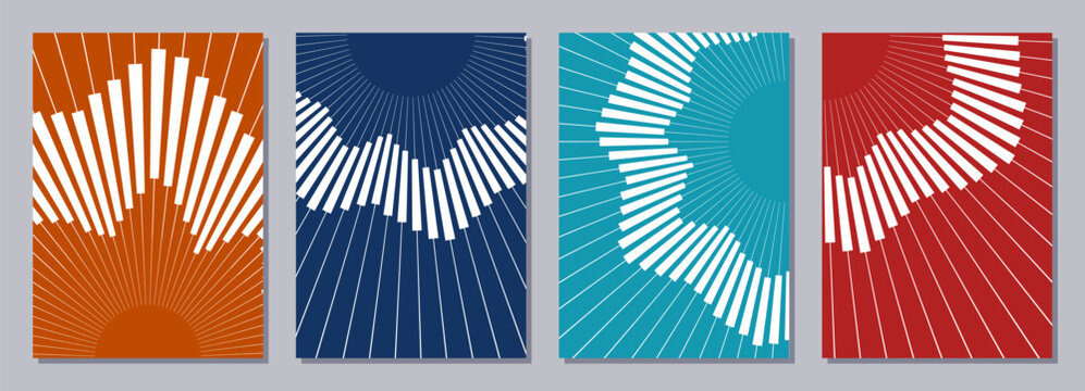 Set of flyers, posters, banners, placards, brochure design templates A6 size. Graphic design templates with stripes, geometric striped elements, rays. Vector color backgrounds.