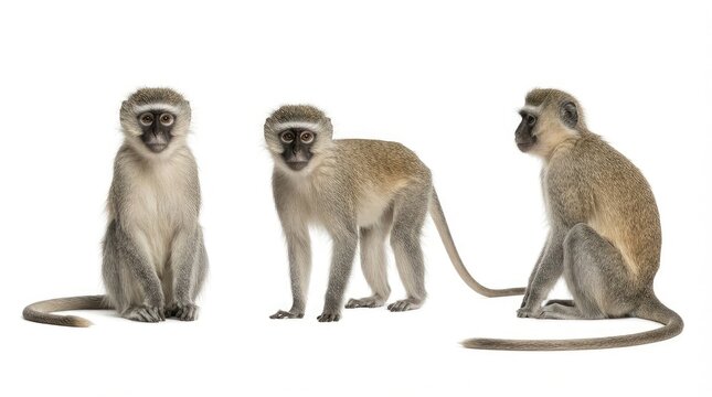 Three vervet monkeys sit in different poses against a clean white studio background area.