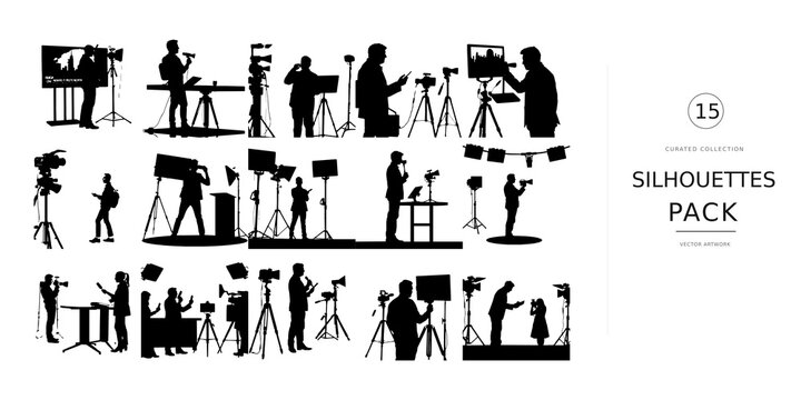 Person Broadcasting the News Silhouette, News Presenter in a Static Standing Pose, Isolated Black Silhouette Design on White Background, Journalism Media Communication and Television Broadcasting Vect