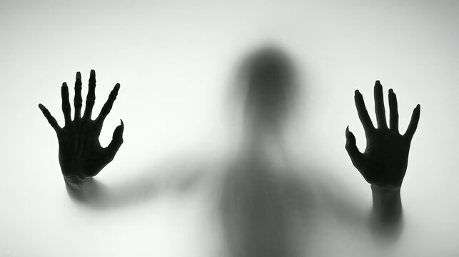 Halloween Holiday Theme. a figure shrouded in mist. The figures hands are outstretched, with fingers spread wide, as if reaching or reaching for something. The hands are dark.