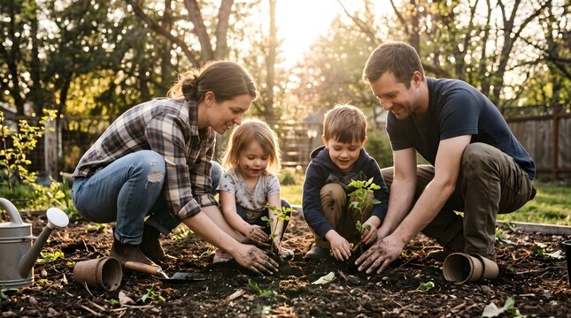 Family planting saplings in soi
