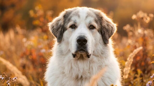 pyrenean mastiff dog close up in an autumn field landscape at sunset light video