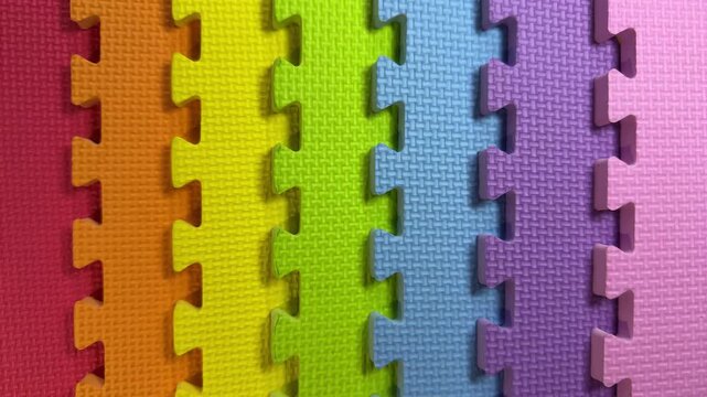 Shifting shadow on colorful interlocking EVA foam puzzle mat, moving light sweep across rainbow playmat texture, ProRes 4K video