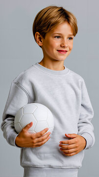 A young boy with short blonde hair is smiling and holding a soccer ball