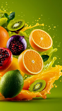 A vibrant and colorful image of various fruits and juice splashing around them