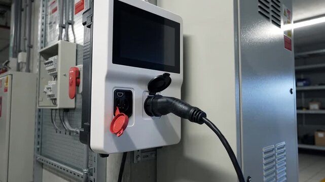 Hand inserts a cable plug into a wall mounted charging unit