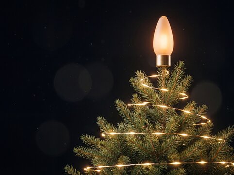 Glowing bulb topper on pine tree with fairy lights against dark black background