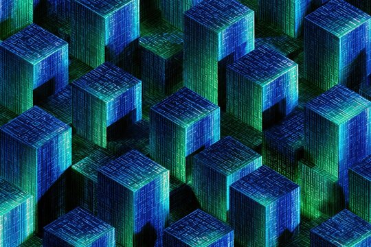 Abstract digital cubes with crypto technology patterns in blue and green