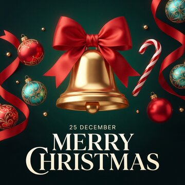 Golden bell with red bow and ornaments for Merry Christmas 25 December greeting