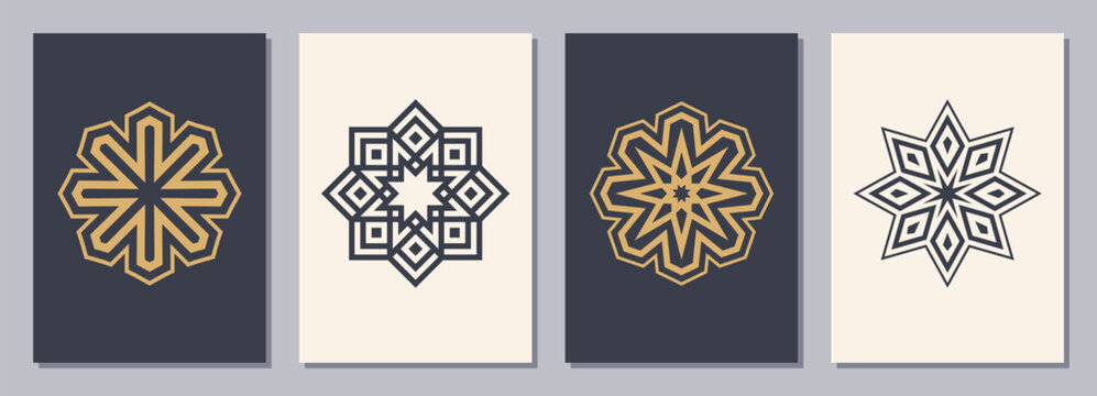 Set of flyers, posters, placards, brochure design templates A6 size with symmetric geometric symbols or snowflakes. Vertical color blanks with isolated geometric signs. Flat design.
