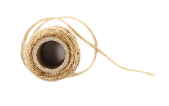 Natural jute rope ball, rustic twine string isolated on white, top view