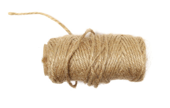 Natural jute rope ball, rustic twine string isolated on white, top view