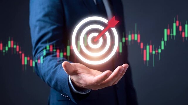 Financial Performance Target with Bullseye and Arrow, Investment Strategy, Business Goals, Stock Market Analysis, Revenue and Profitability Growth Aim, Financial Planning and Strategic Objectives