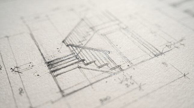 Architectural staircase sketch, guiding residential planning and structural engineering while translating a hand drawn blueprint into a practical construction concept