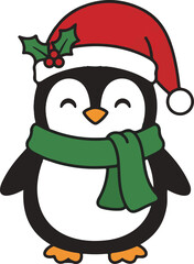 Adorable cartoon penguin in red Santa hat and green scarf, festive holiday bird illustration, cute Christmas animated character for gift cards and winter greetings isolated on White Background © MST