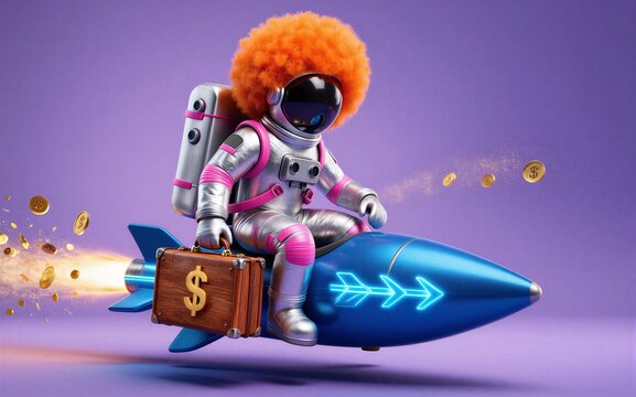 Astronaut with afro rides rocket, carrying money, soaring through purple sky.