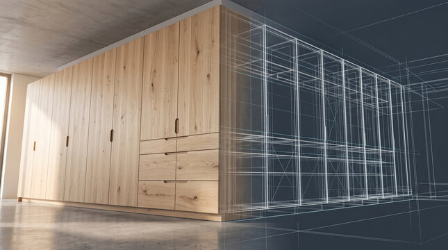 Custom cabinetry concept blending finished wood storage with architectural wireframe, illustrating interior design planning, bespoke furniture production, and modern home renovation
