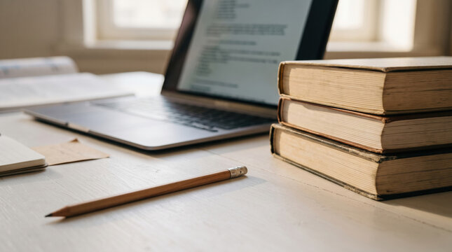 Study workspace with laptop, textbooks and pencil, supporting online learning, academic research and remote education while creating focus for reading, knowledge work and productivity