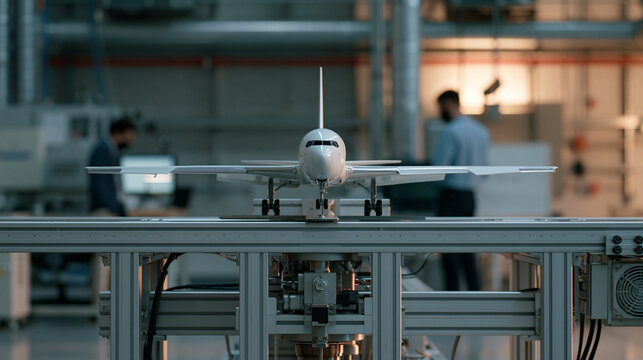 Small-scale aircraft undergoing low-speed aerodynamic testing with adjustable wing flaps, engineers changing flap angles while recording lift and drag measurements, laboratory