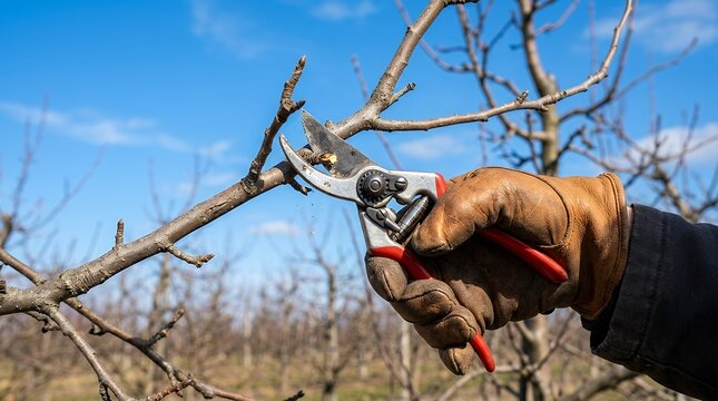 Close upgardener gloved hand using sharp steel pruning shears scissors tool to cut dry dormant tree branches in orchard garden on sunny outdoor day with bright clear blue sky background pruning
