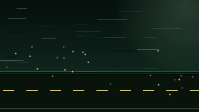 Deterministic 2D motion graphics animation featuring a gentle slow-moving forest road, dynamic layered tree silhouettes in parallax, soft glowing fireflies, and subtle wind speed lines for an atmosphe