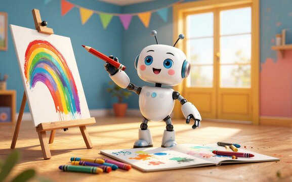 Cute robot artist creates vibrant rainbow with crayons in colorful, sunny children's room.