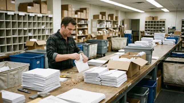 Mail room worker stuffing letters into envelopes at long table, data breach notification mailing