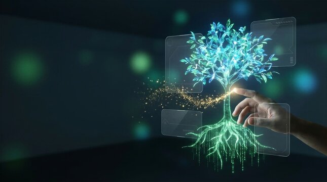 Scientist touching holographic green digital tree with binary code data root system