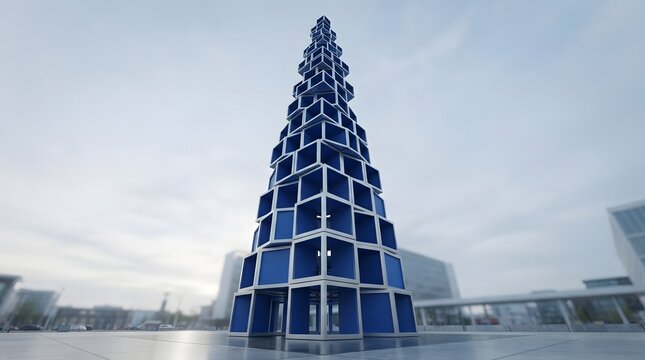 Monumental public art sculpture made of stacked blue cube modules arranged in a spiraling pyramid tower structure against an urban outdoor cityscape plaza