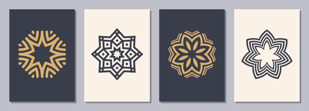 Set of flyers, posters, placards, brochure design templates A6 size with symmetric geometric symbols or snowflakes. Vertical color blanks with isolated geometric signs. Flat design.