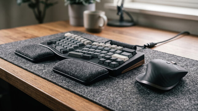 Keyboard, wrist rests, and ergonomic mouse arranged on a felt desk mat, creating a polished workstation for remote work, productivity, and contemporary home office use