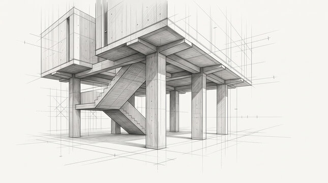 Architectural framework with intersecting platforms and stairs, combining brutalist design language with blueprint drafting for engineering, construction, and property development