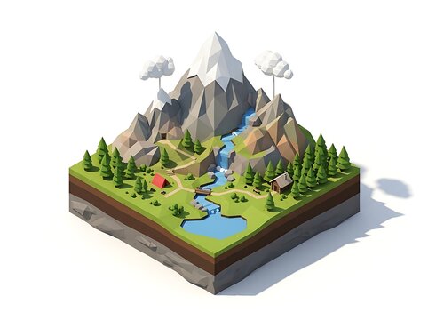 Abstract low poly mountain landscape with river and trees