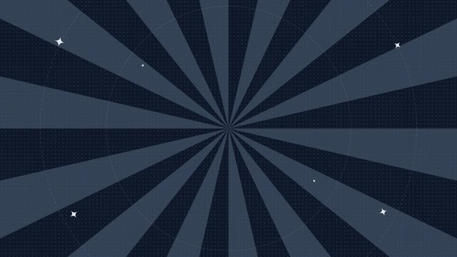 Dark blue rotating retro comic sunburst rays with sparkling stars overlay