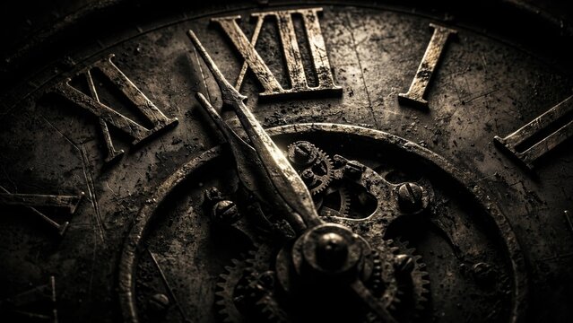 Antique clock tower detail showing roman numerals and intricate mechanical gears