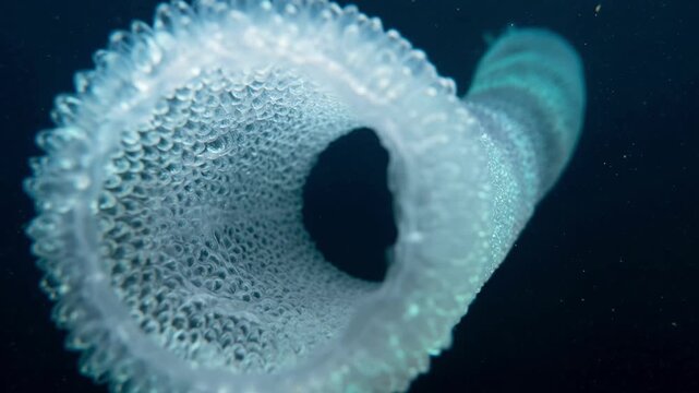 pyrosome colony floating underwater close up in the ocean video