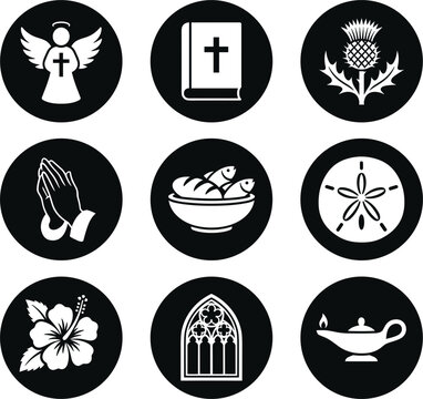 Christian religious faith circular solid icon set featuring angel bible thistle praying hands fish bread and church vector