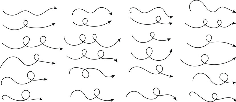 Curved spiral line arrow icon set. arrow symbols. Hand drawn route path and swirling direction signs