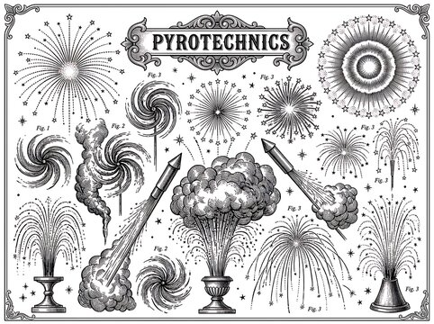 Diverse pyrotechnic explosions and rockets rendered in engraving style