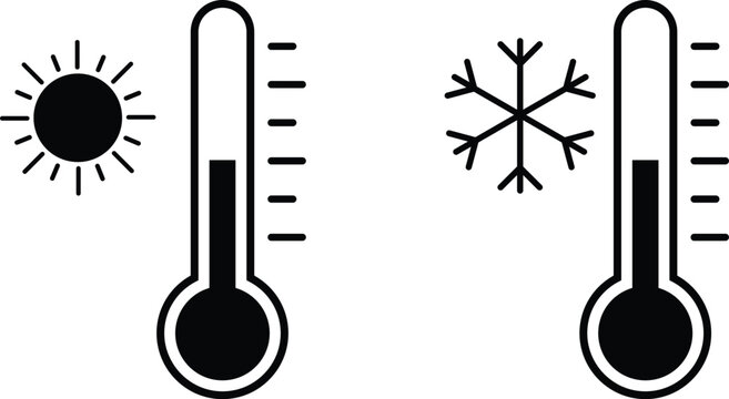 Thermometer weather icon set. Temperature gauge symbols. Summer heat cold winter and climate degree signs. meteorology scale icons collection