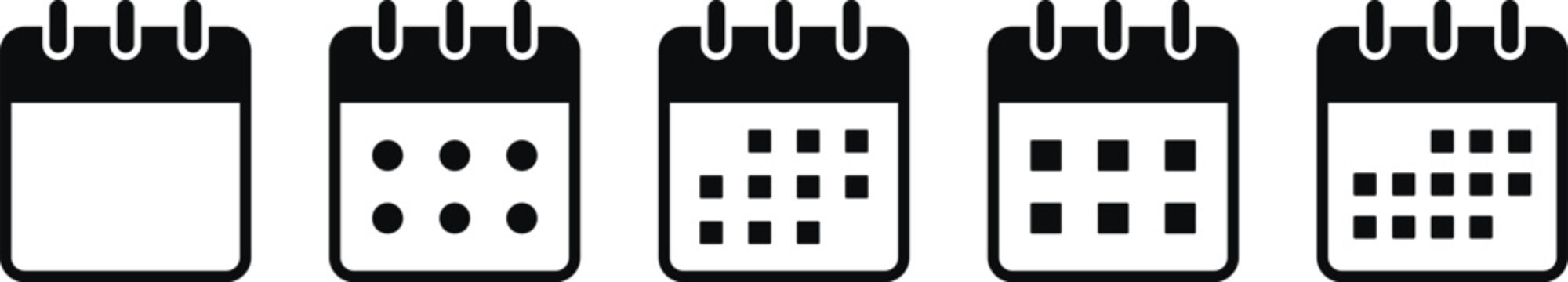 Calendar schedule icon set. Date planner symbols. Event month agenda and reminder meeting signs