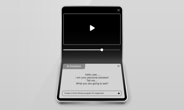 Foldable smartphone flex mode UI mockup with video player screen and AI assistant popup