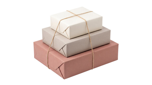 Eco-friendly gift boxes wrapped in recycled paper, minimalist stacked parcels tied with natural twine, rustic pink and grey holiday presents