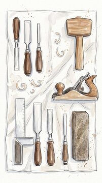 Vintage woodworking hand tools collection flat lay with chisels and plane arranged on fabric cloth with wood shavings and sharpening stone for crafting hobby inspiration.